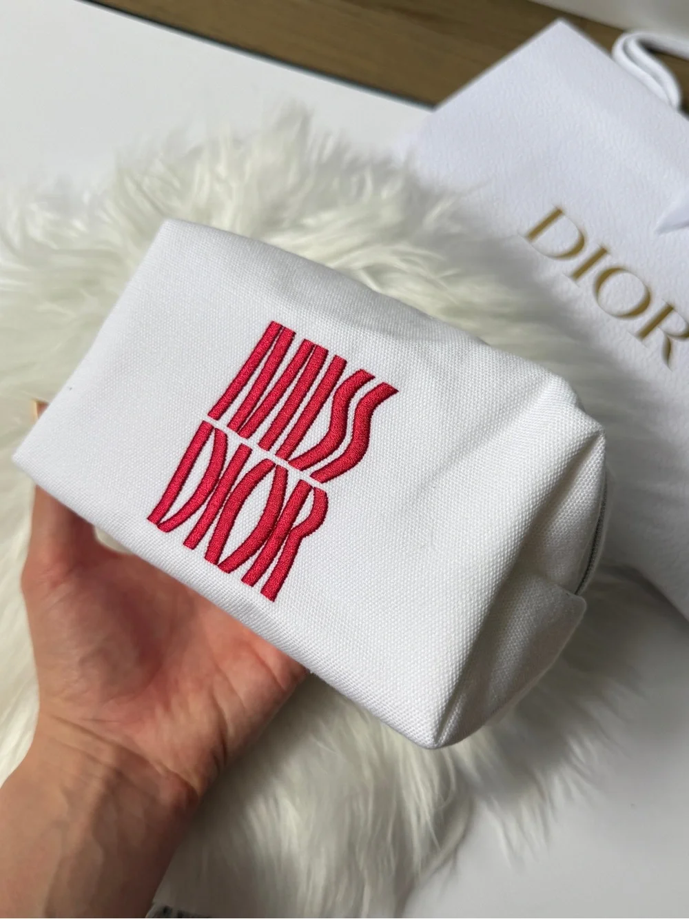 Miss Dior White Canvas Pouch with Pink 'Miss Dior' Embroidery New